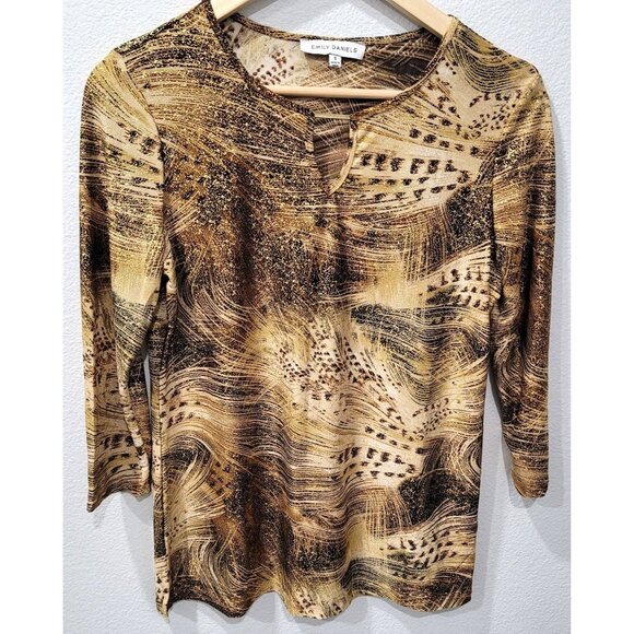 Women's Emily Daniels Black & Brown with Gold Shimmer Abstract Print Top Size S - Picture 1 of 10